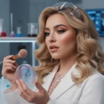 Sabrina Carpenter Makeup Bombshell-Look im wissenschaftlichen Test mit Laborkittel, Pinsel und Petrischale.