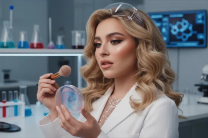 Sabrina Carpenter Makeup Bombshell-Look im wissenschaftlichen Test mit Laborkittel, Pinsel und Petrischale.