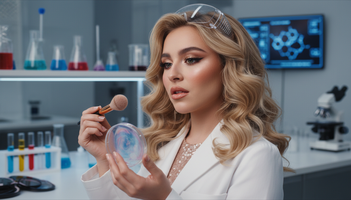 Sabrina Carpenter Makeup Bombshell-Look im wissenschaftlichen Test mit Laborkittel, Pinsel und Petrischale.