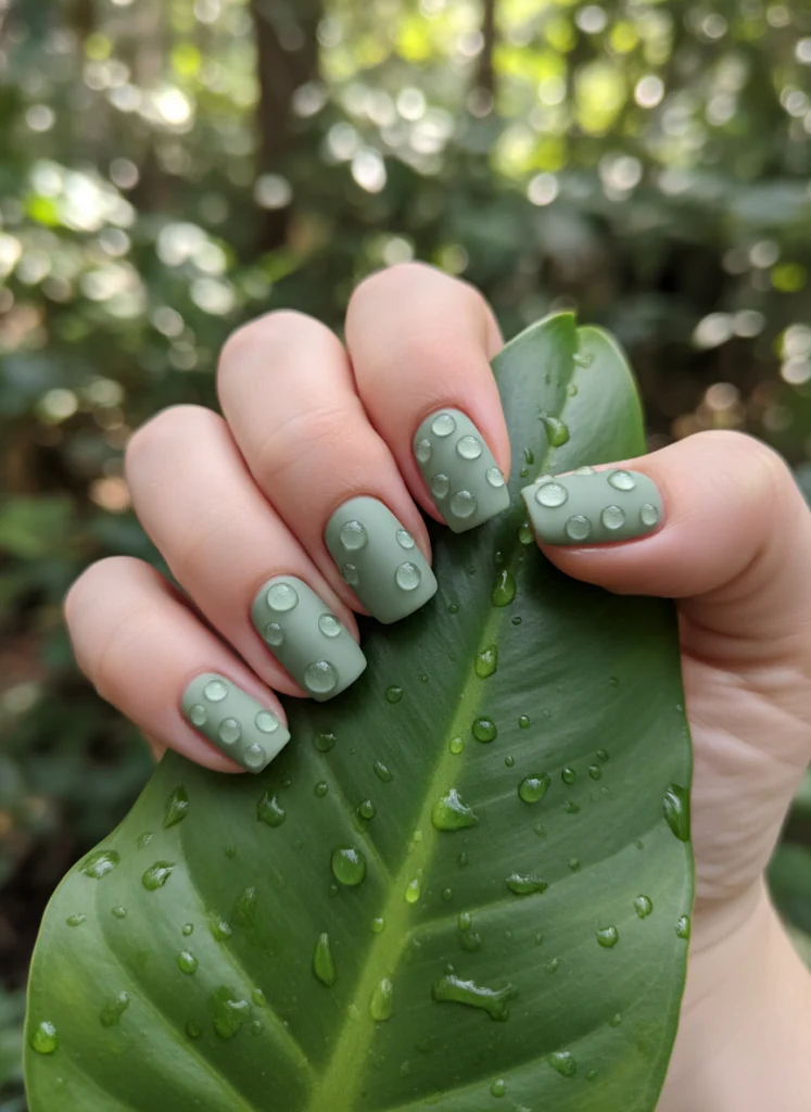 Matter salbeigrüner Lack mit klaren Gel-Tropfen wie frischer Morgentau auf einem Blatt als kreatives Nageldesign.