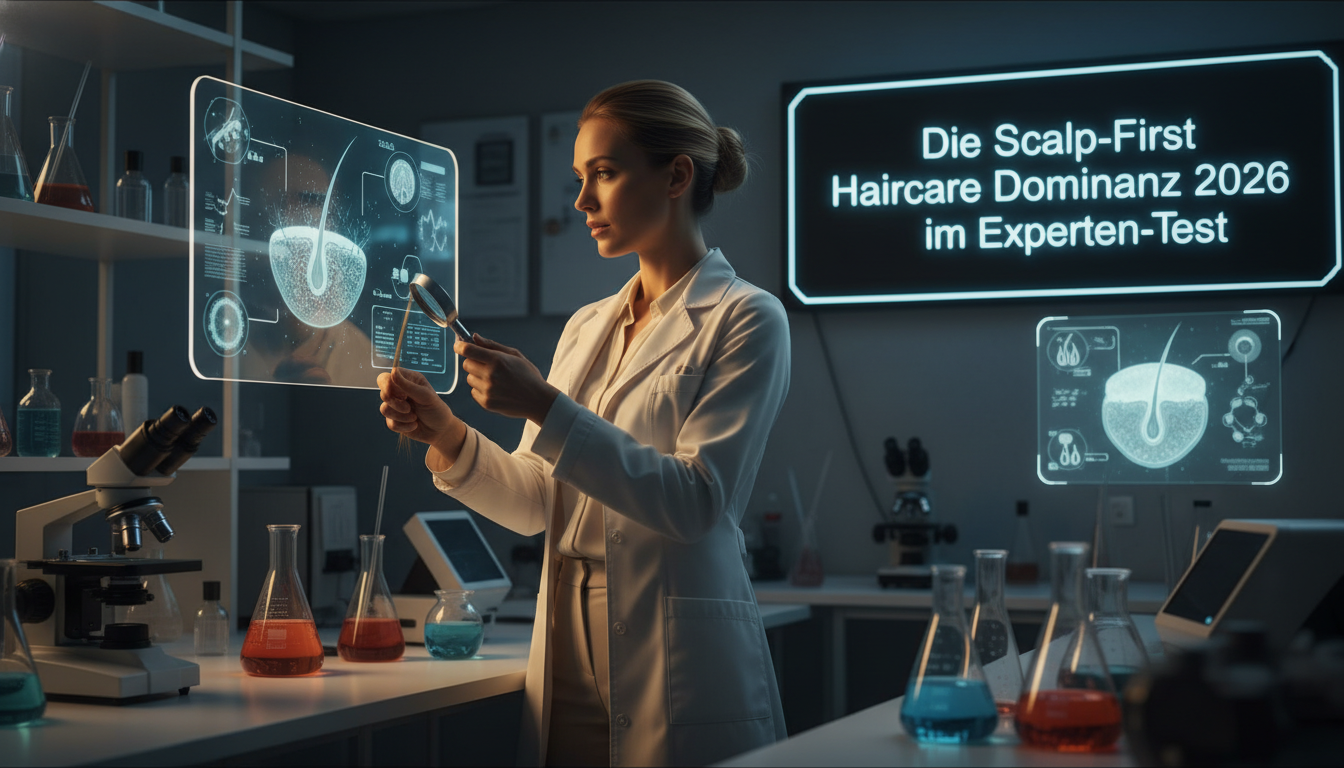 Wissenschaftlerin analysiert Haarfollikel im Labor für die Scalp-First Haircare Dominanz 2026 im Experten-Test.