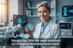 Wissenschaftlerin im Labor mit Petrischale illustriert die neue zelluläre Anti-Aging-Methode von Skingevity.