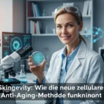Wissenschaftlerin im Labor mit Petrischale illustriert die neue zelluläre Anti-Aging-Methode von Skingevity.