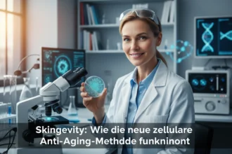 Wissenschaftlerin im Labor mit Petrischale illustriert die neue zelluläre Anti-Aging-Methode von Skingevity.