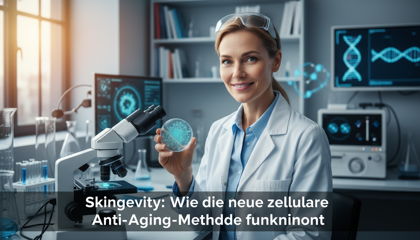 Wissenschaftlerin im Labor mit Petrischale illustriert die neue zelluläre Anti-Aging-Methode von Skingevity.