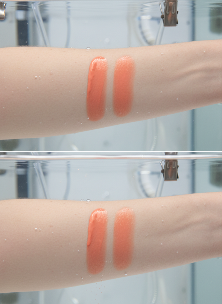Vergleichstest von Make-up Swatches unter Wasser zur Demonstration der Wasserfestigkeit