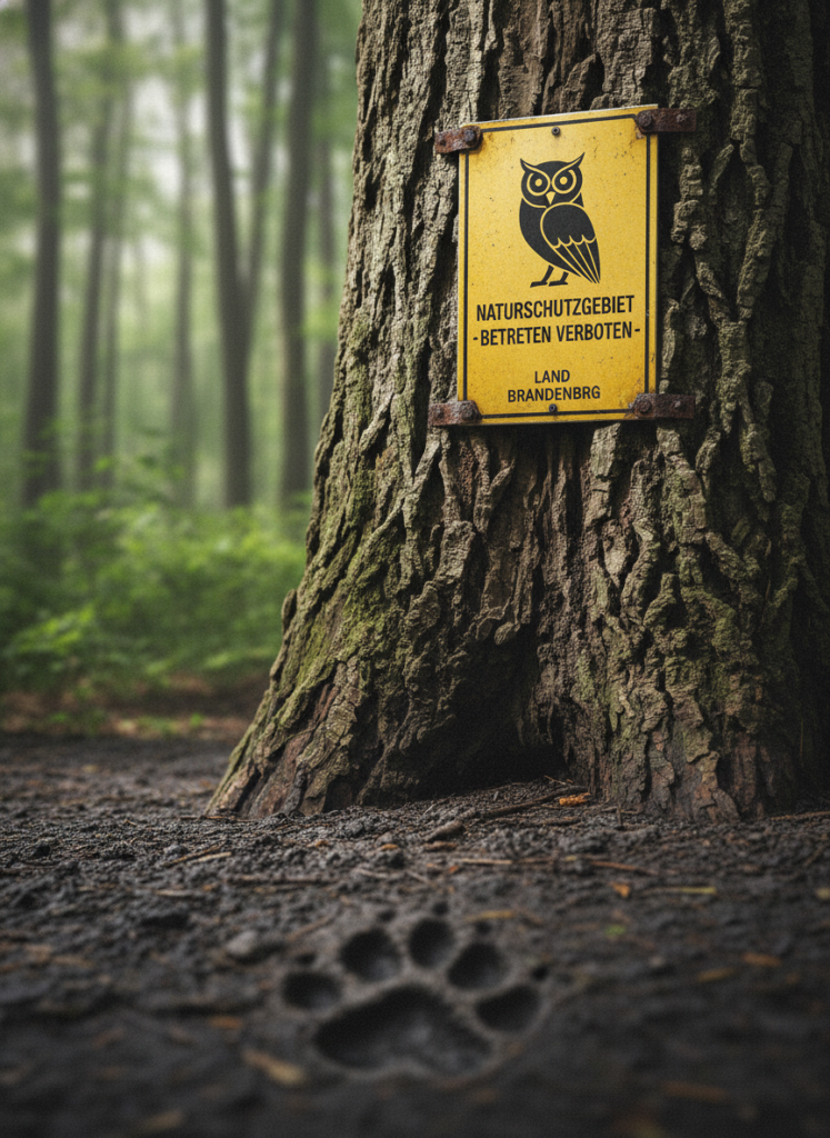 Deutsches Naturschutzschild an einem Baum mit einem Wolfsfußabdruck im Vordergrund