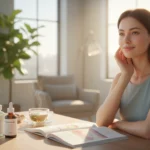Frau studiert wissenschaftlichen Guide zur Hautpflege am sonnigen Tisch, um die Hautbarriere nach dem Winter zu stärken.