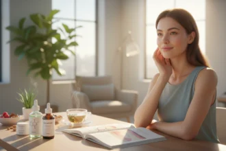 Frau studiert wissenschaftlichen Guide zur Hautpflege am sonnigen Tisch, um die Hautbarriere nach dem Winter zu stärken.