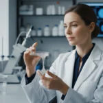 Wissenschaftlerin prüft Swiss Porcelain Shield Aesthetic Substanz bei einem wissenschaftlichen Test im Labor.