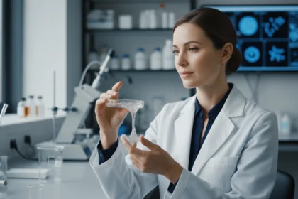 Wissenschaftlerin prüft Swiss Porcelain Shield Aesthetic Substanz bei einem wissenschaftlichen Test im Labor.