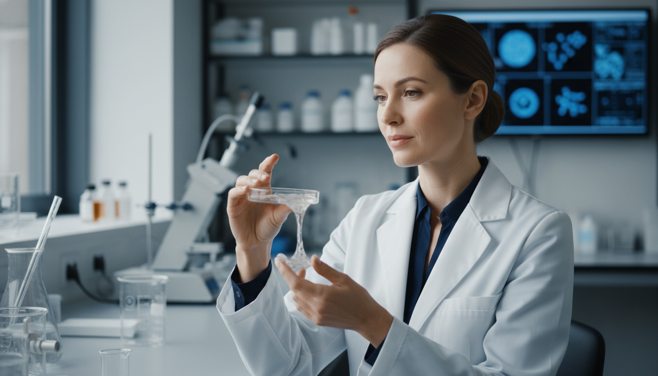 Wissenschaftlerin prüft Swiss Porcelain Shield Aesthetic Substanz bei einem wissenschaftlichen Test im Labor.