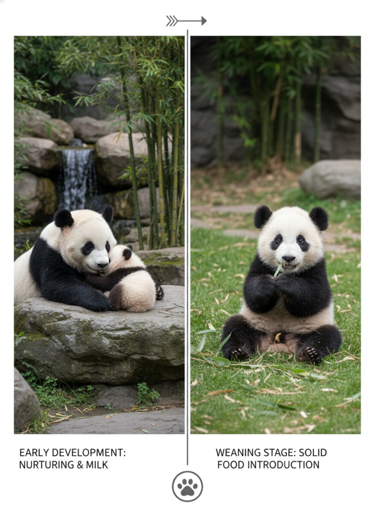 Vergleich der Ernährungsphasen: Muttermilch vs. erste Bambusaufnahme der Panda-Zwillinge