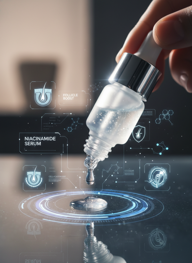 Makroaufnahme von Niacinamid-Serum, das die Durchblutung der Haarfollikel anregt.