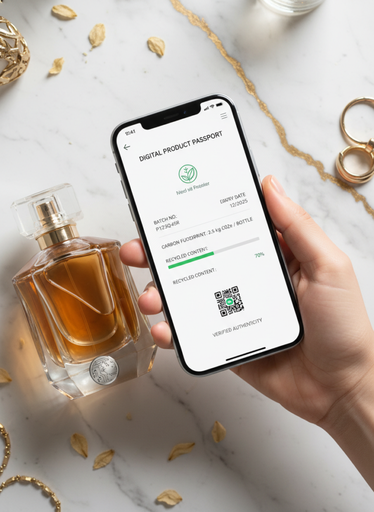 Auslesen des digitalen Produktpasses via NFC-Chip an einem nachgefüllten Parfümflakon