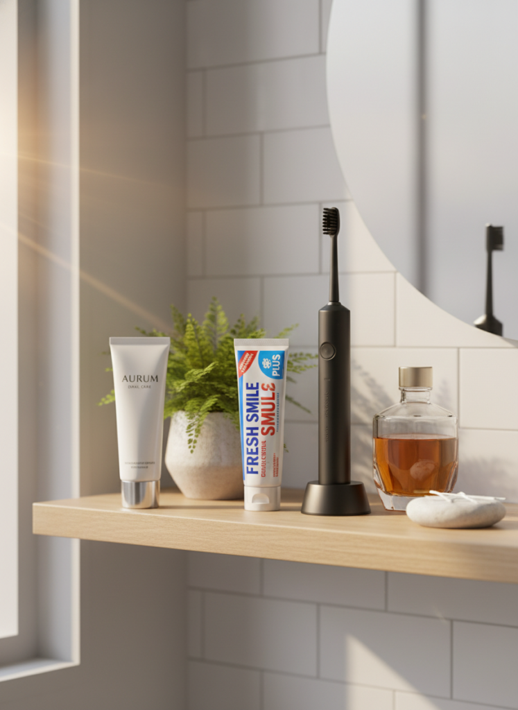 Artem Care Zahngel im Vergleich mit anderen Drogerieprodukten im Badezimmer