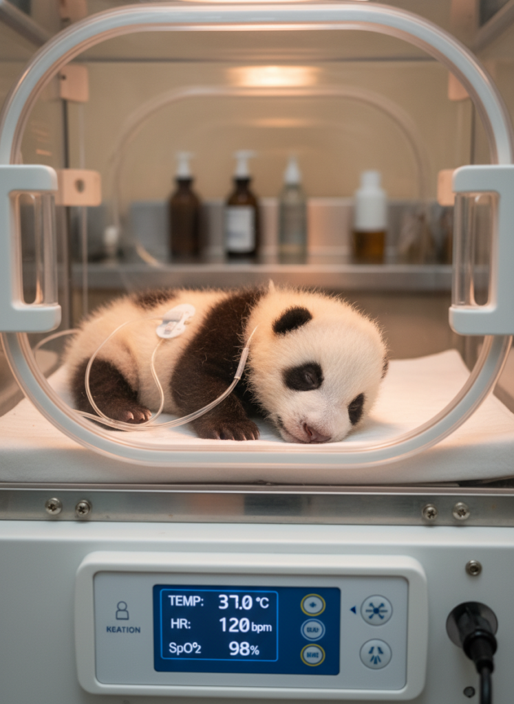 Panda Zwilling im Brutkasten während der neonatalen Überwachungsphase