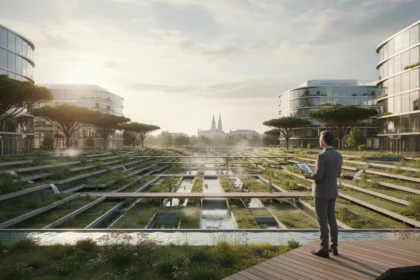 Wiens Climate Loop Schwammstadt 2026: Architektur-Test einer begrünten Stadtlandschaft mit terrassierten Wasserläufen.