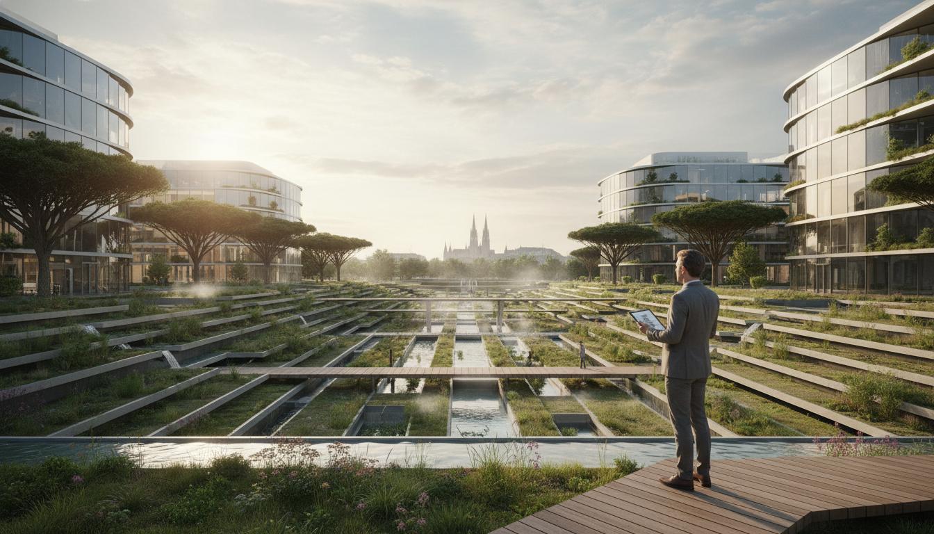 Wiens Climate Loop Schwammstadt 2026: Architektur-Test einer begrünten Stadtlandschaft mit terrassierten Wasserläufen.