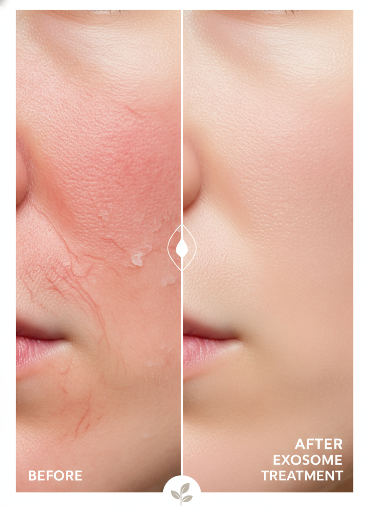 Nahaufnahme von Rosazea-Haut und den hautberuhigenden Effekten von Exosomen