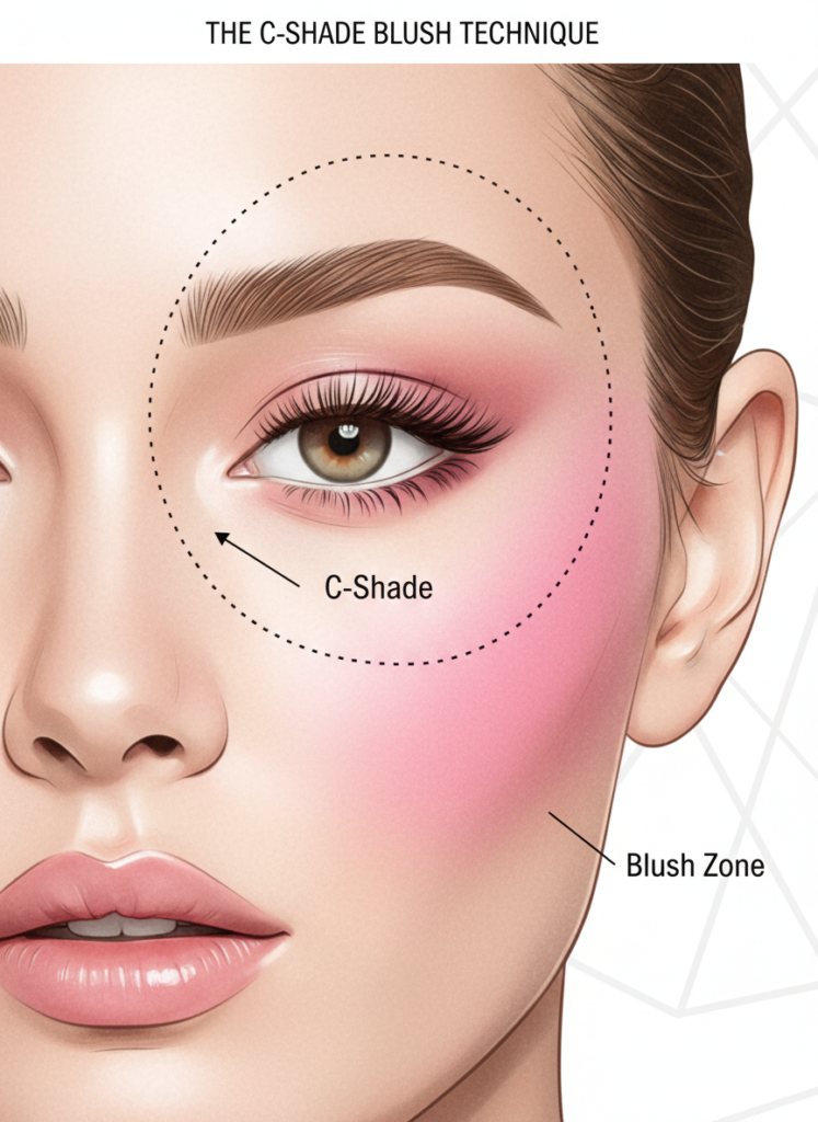  Diagramm der C-Shade Blush Technik, das zeigt, wie Rouge in einer C-Form von den Schläfen bis zu den Wangenknochen aufgetragen wird.