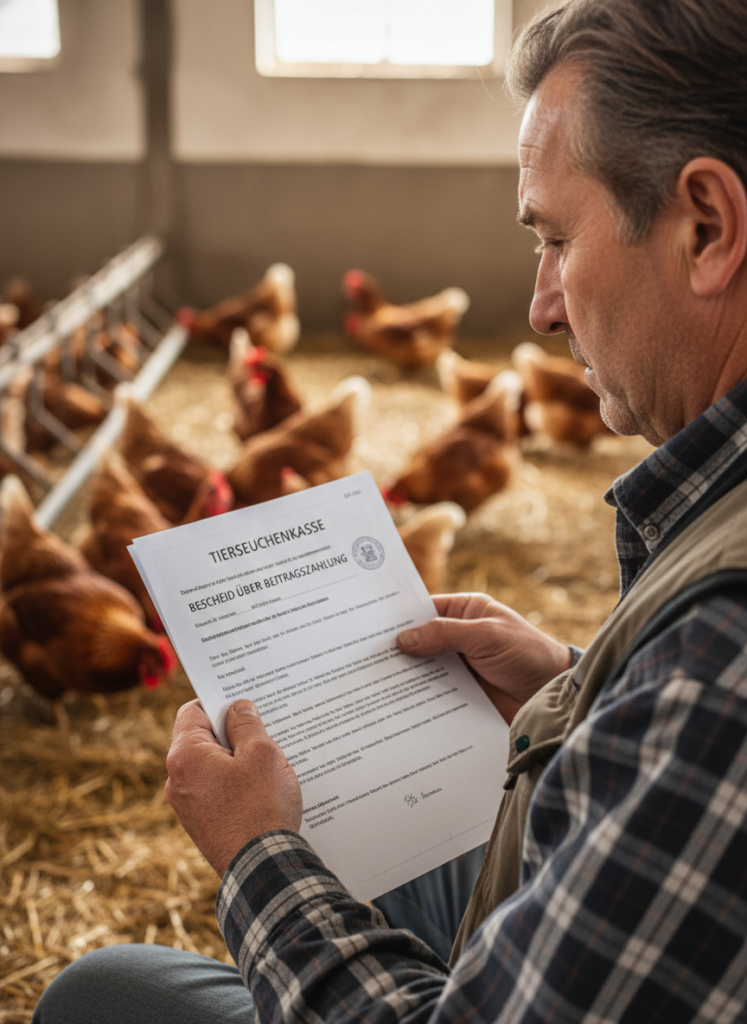 Geflügelhalter prüft behördliche Dokumente zur Entschädigung der Tierseuchenkasse.