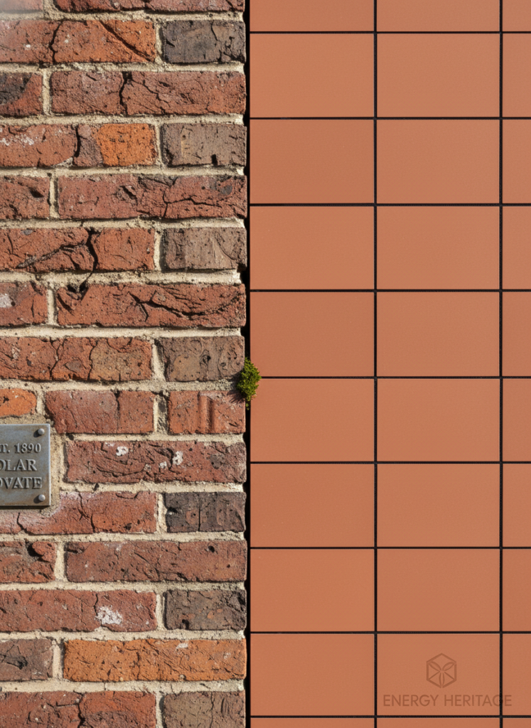 Detailaufnahme einer terrakotta-farbenen BIPV-Zelle, die in eine historische Backsteinfassade integriert ist