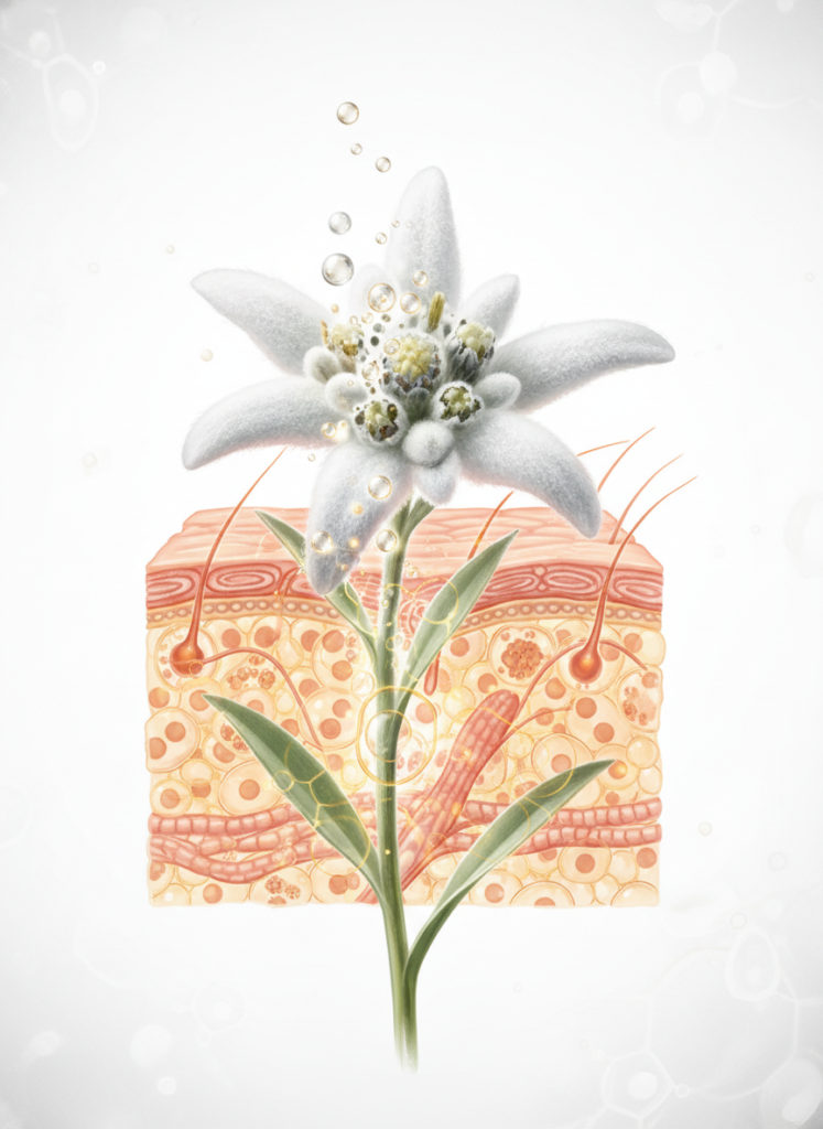 Makroaufnahme einer Edelweißpflanze und mikroskopische Hautzellendarstellung