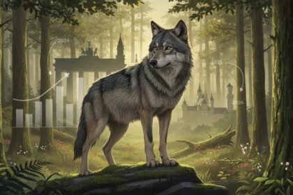 Wolf im deutschen Wald mit Grafik zur Expertenanalyse, ob Wölfe ab April 2026 in Deutschland legal gejagt werden dürfen.