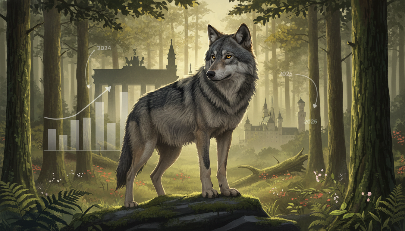 Wolf im deutschen Wald mit Grafik zur Expertenanalyse, ob Wölfe ab April 2026 in Deutschland legal gejagt werden dürfen.