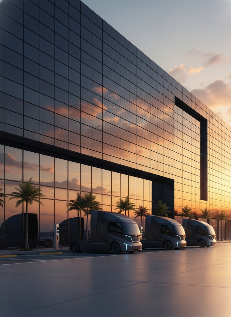 Modernes Industriegebäude mit BIPV Fassade bei Sonnenuntergang